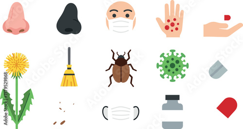 Cartoon Allergy and Health Icons: Nose, Hand, Flower, Mask, Virus, Pill, and More for Medical and Wellness Concepts