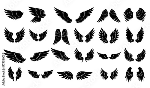 Black wings silhouette icons set angel and bird wings vector illustration