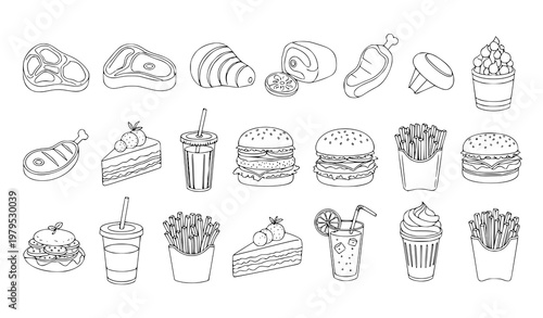 Food outline icons set burgers fries meat and desserts line art vector illustration