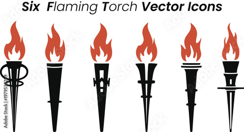 A collection of six distinct flaming torch vector icons designed with varied black silhouettes