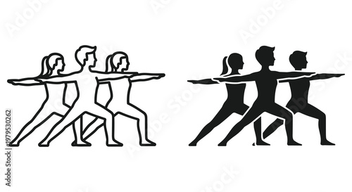 Group of people practicing warrior II yoga pose in black and white