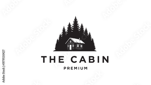 Cabin logo with pine forest silhouette and rustic woodland house emblem for premium outdoor lodge branding design.