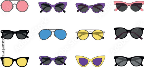 Fashion Sunglasses Collection with Various Styles including Round, Cat-Eye, Aviator, and Oversized Frames Illustration for Eyewear Design