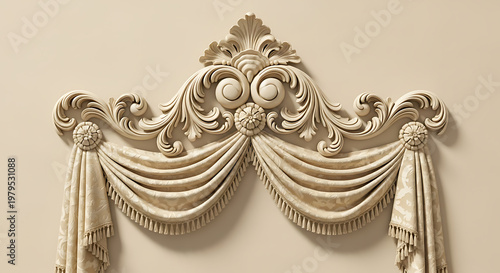 An ornate curtain valance adorns a plain wall with intricate design and fabric draping
