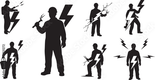 Electrician worker silhouettes with lightning bolts and tools set