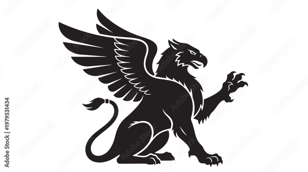 Fototapeta premium Dragon emblem logo with sharp wings and fierce clawed pose in bold black silhouette style on white background