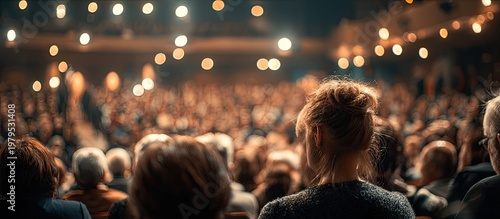 Audience views a distant stage with bokeh lights, focus on backs of heads
