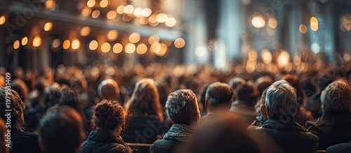 Rear view of a diverse audience gathered in a dimly lit venue with bokeh lights