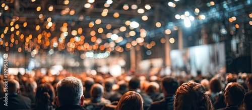 Crowd of people attending an event with warm, blurry bokeh lights overhead