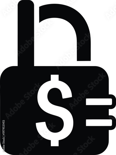 Finance, security, padlock icon, dollar sign, equality symbol, black and white vector graphic
