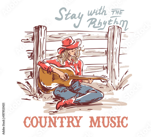 Cowgirl playing the guitar print