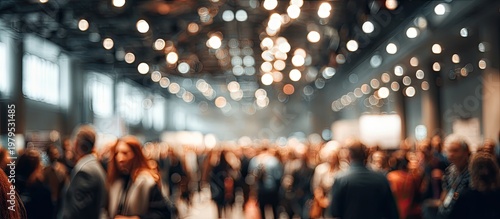 Blurred crowd of people under bright lights in a large, bustling event hall