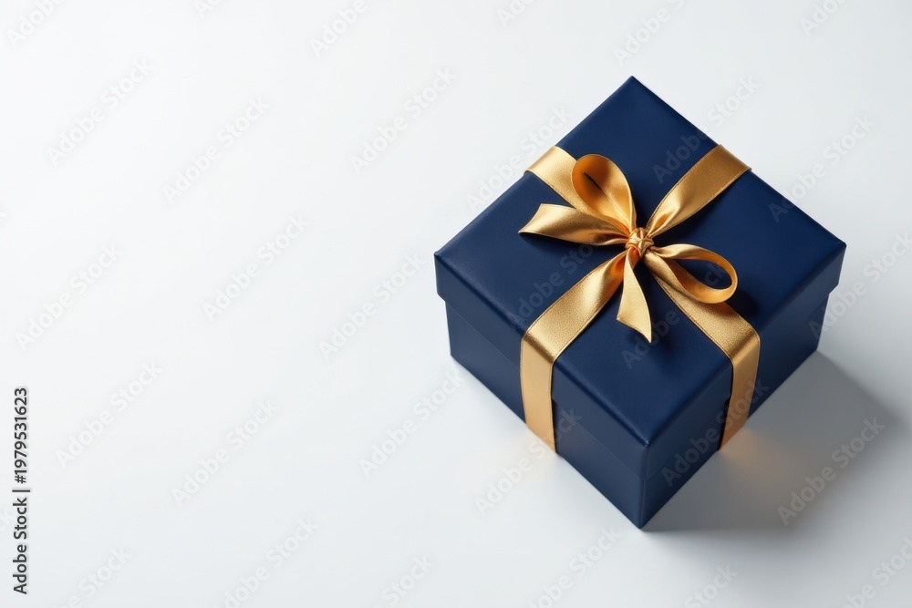 Fototapeta premium A Luxurious Navy Blue Gift Box with a Golden Ribbon Bow on a White Background
