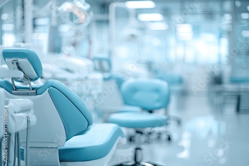 Modern dental office with blue and white chairs and sterile equipment, clean environment