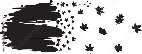 Black brush stroke with falling maple leaves on white
