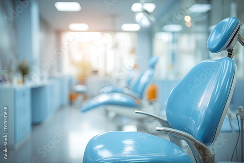 Bright, modern dental office interior with multiple light blue examination chairs