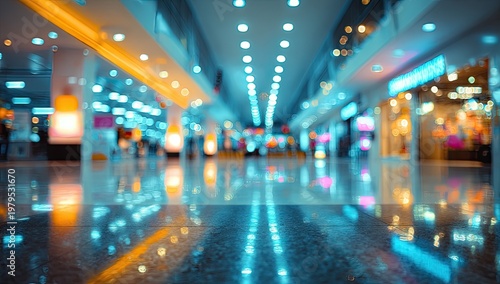 Blurred vibrant shopping mall interior with colorful lights reflecting on shiny floor