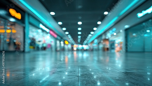 Blurred modern shopping mall interior with shiny floor and bright store lights