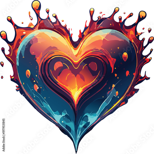 3D illustration of a heart symbol sculpted from a viscous mass of liquid glass