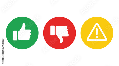 Positive negative and warning status icons with thumbs up thumbs down and alert triangle set.