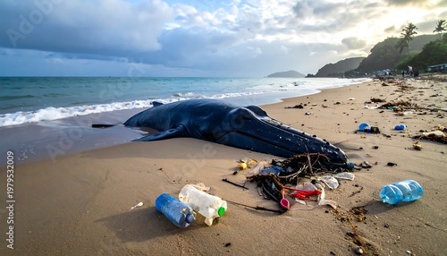 Dead Whale Washed Ashore on Beach Surrounded by Plastic Pollution.