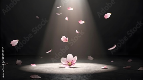 Spotlight with Falling Flower Petals Dramatic Elegant Background with Copy Space
