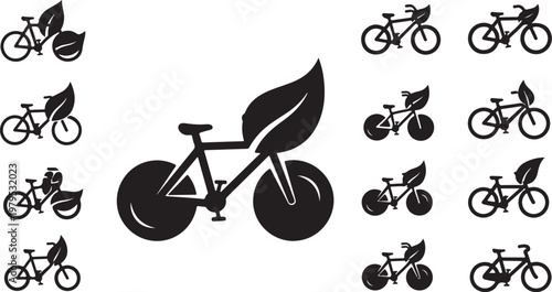 Bicycle and leaf icons in various black silhouettes arrangement