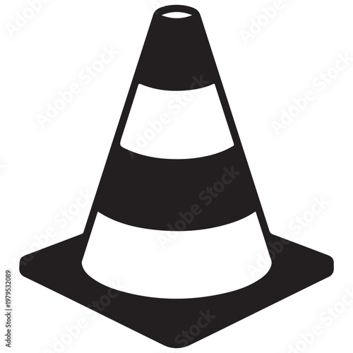 Traffic cone black and white vector icon for road safety and construction warning sign