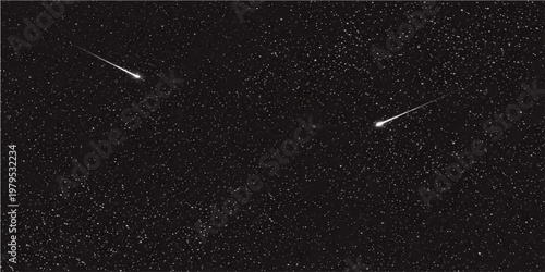 A celestial dance of cosmic ballet. A breathtaking view of two shooting stars gracefully streaking across a vast, starlit canvas of the night sky, their luminous trails illuminating the darkness. 