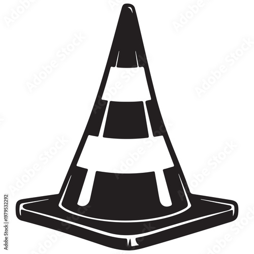 Black and white traffic cone vector illustration for road safety and construction warning icon