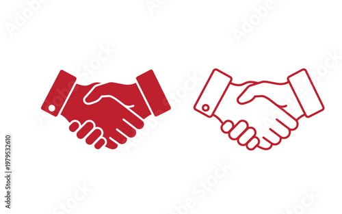 Red handshake solid and outlined, on white background, partnership agreement business deal
