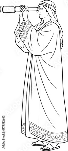 Black and white vector illustration of traditional Arab man in robe and turban looking through telescope, historical explorer navigator silhouette icon