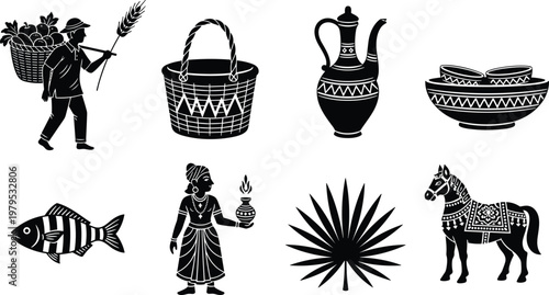 Black and white vector icon set featuring African tribal symbols, traditional objects, people, zebra, fish and cultural elements for design projects
Keywords: