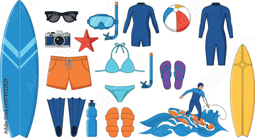 Surfing Equipment and Summer Accessories Set with Surfboards, Swimsuits, and Beach Gear for Water Sports Illustrations
