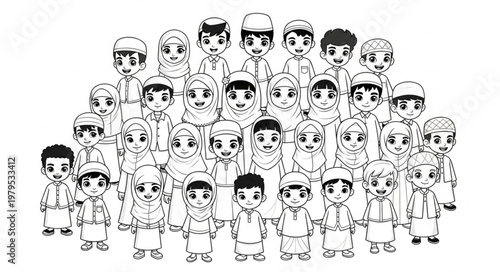 Group of Muslim Children in Traditional Attire, Black and White Illustration.