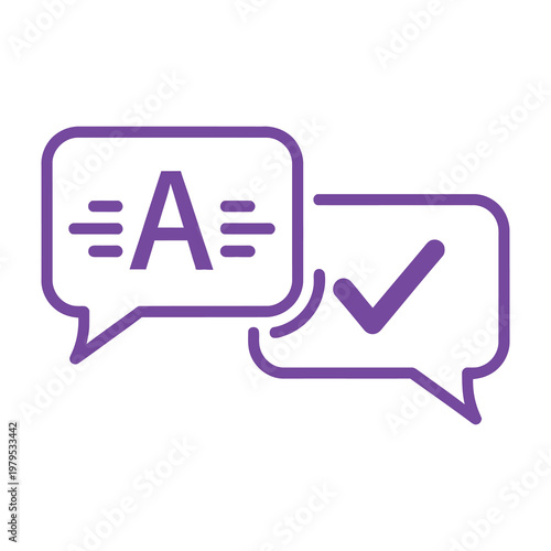 Purple Language Translation Icon Featuring Speech Bubbles with Letter A and Check Mark Symbol