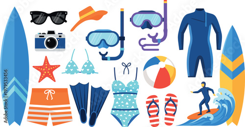 Water Sports and Beach Vacation Icon Set Featuring Surfboards, Snorkels, Swimwear, and Beach Essentials for Summer Activities and Travel