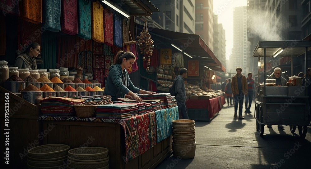 Fototapeta premium Vibrant Street Market Scene Capturing Daily Life.