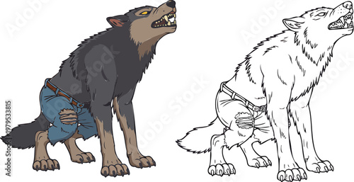 Werewolves Illustration and outline set isolated on transparent background
