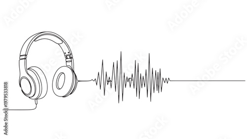Headphones with audio waveform line and microphone cord illustration for sound recording and music listening concept