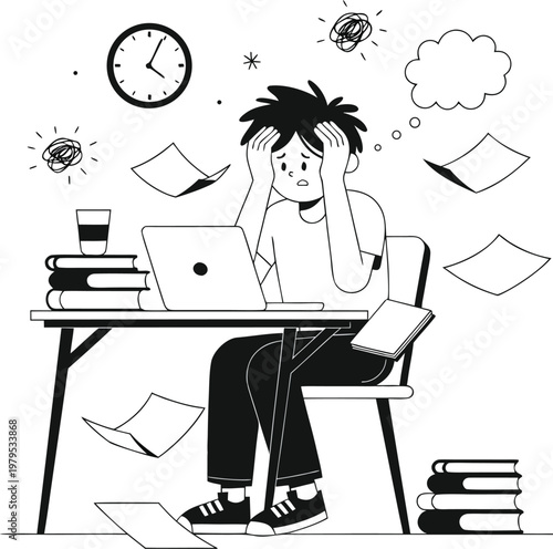 Student Exam Stress Study Burnout Overwhelmed Learning Pressure Concept Outline Vector Illustration