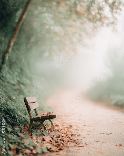 Wooden bench covered with autumn leaves alongside a winding path disappearing into mist in park. Fall season scene with soft light and foliage
