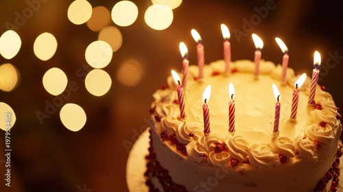 candles. A festive birthday cake illuminated by candlelight, creating a warm and celebratory atmosphere. symbolizing life milestones and joyful moments.