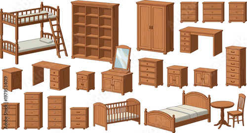 Wooden Furniture Illustration Set Featuring Bunk Beds, Dressers, Desks, Chairs, and More for Home, Interior, and Design Projects