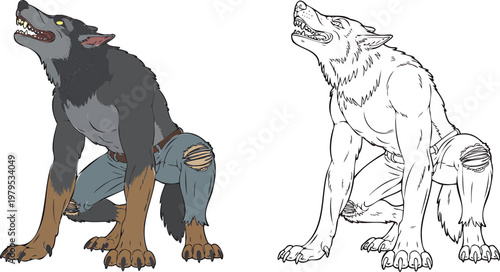 Werewolves Illustration and outline set isolated on transparent background