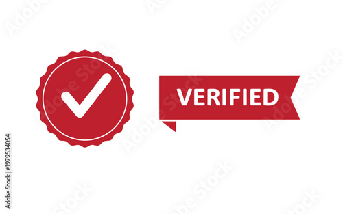 Red verified badge with checkmark and banner, on white background, red badge seal stamp