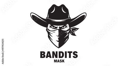 Mask bandits emblem with black cowboy hat and grayscale shield, featuring brand text for outlaw identity