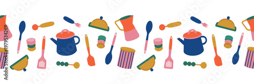 Crockery seamless border. Vector illustration. Teapot, spoon, jar, coffee pot and other kitchen utensils in a seamless border