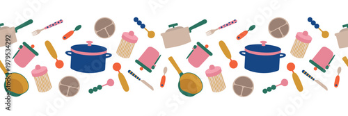 Crockery seamless border. Vector illustration. Teapot, spoon, jar, coffee pot and other kitchen utensils in a seamless border