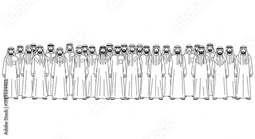 Group of men in traditional Arab clothing standing together in a row.